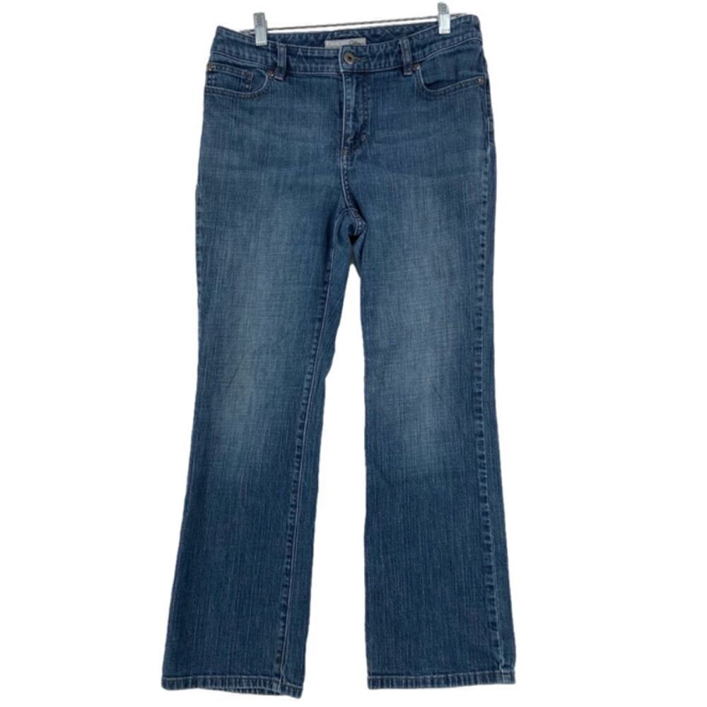 Chico's Platinum Straight Leg Jeans Size 8 Short‎ Blue Stretch Denim 5 Pocket